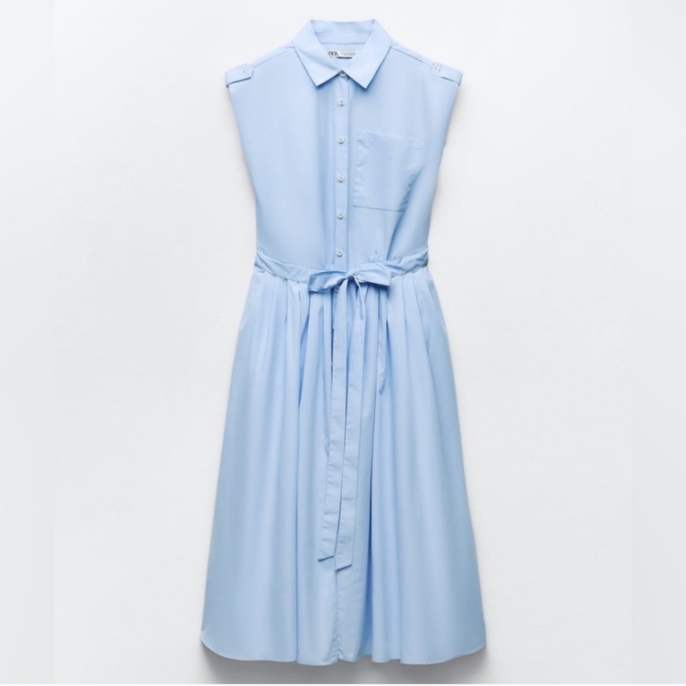 NWT Zara Sleeveless Button-down Poplin Apron Front Midi Dress Light Blue Sz XXL